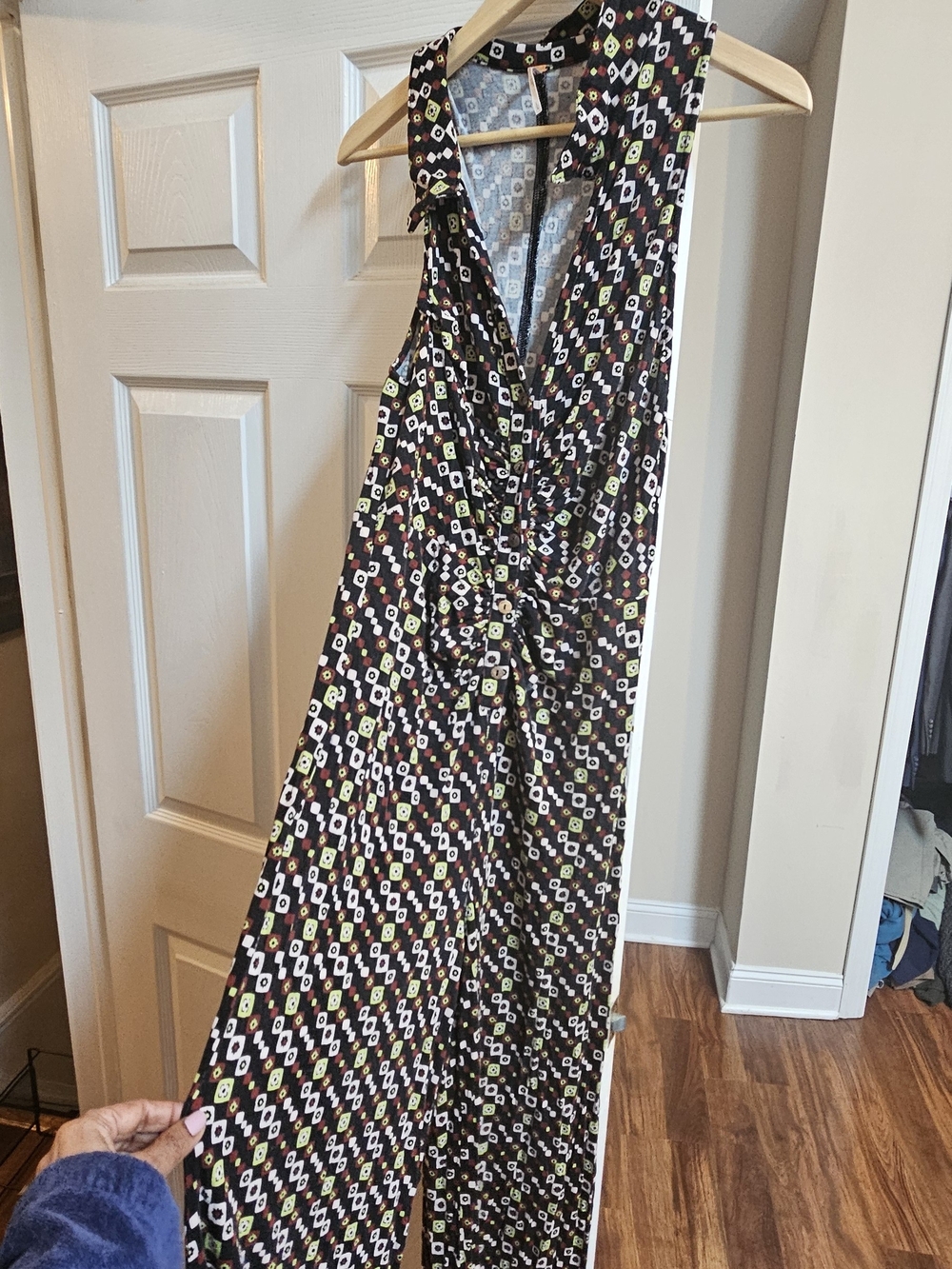 Free People Black Geometric Sleeveless Jumpsuit with Green & White Accents